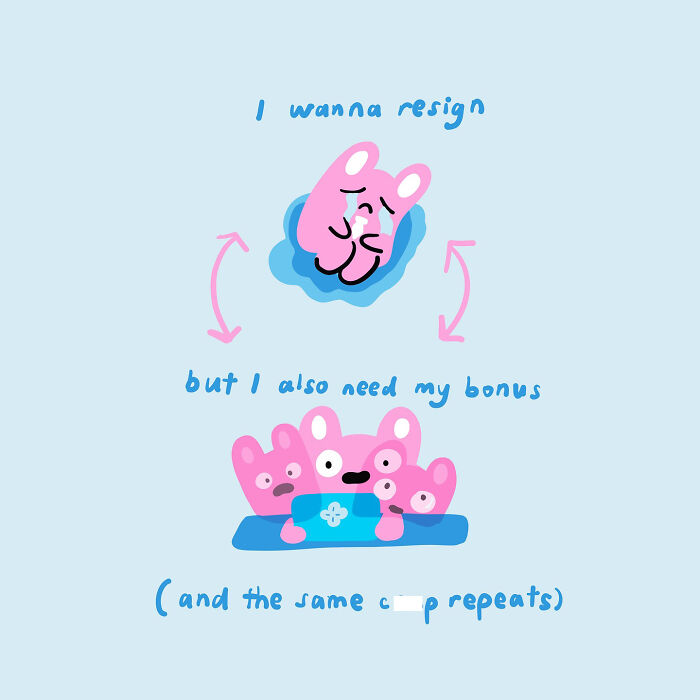 Cute characters in a relatable illustration expressing job resignation dilemmas.