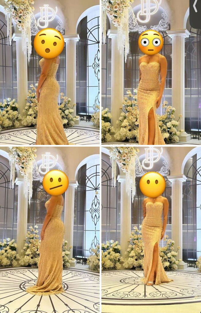 Person in gold dress with mixed emoji faces at a wedding, indoor floral and pillar decoration.