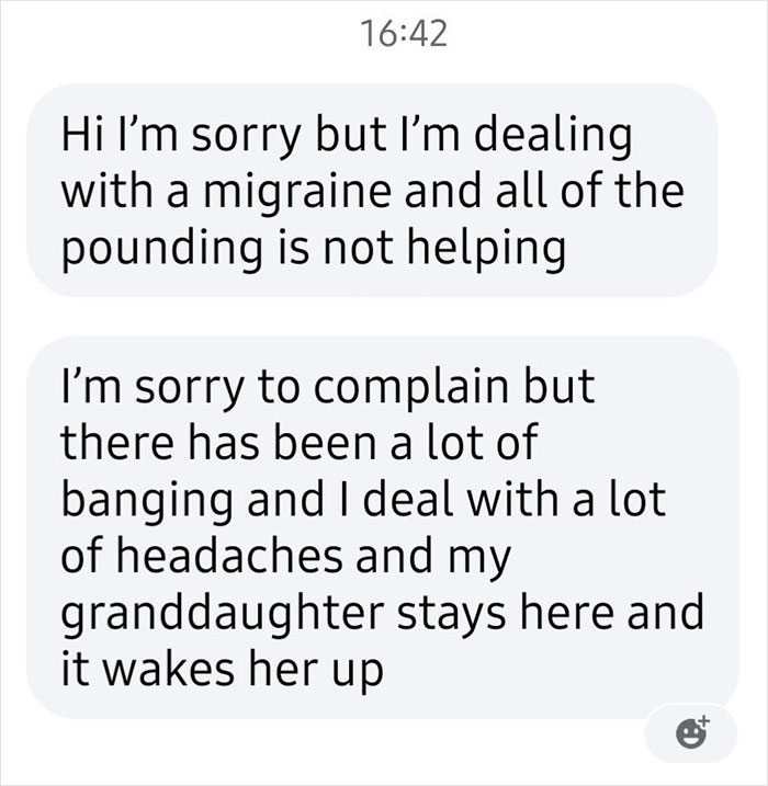 Text exchange where a neighbor complains about noise affecting migraines and waking their granddaughter.