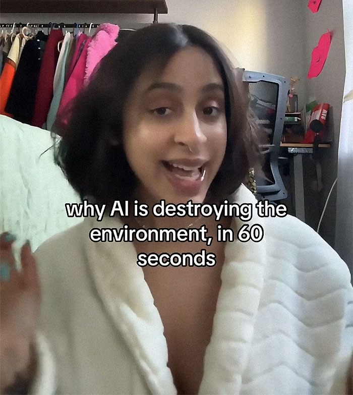 Young woman explaining why AI harms the environment, with text overlay on screen.