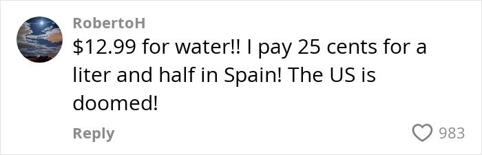 Comment comparing high grocery prices in America to cheaper costs in Spain, expressing outrage.