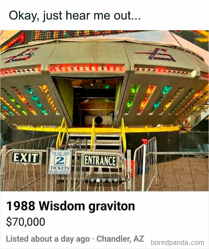 Facebook Marketplace post featuring a 1988 Wisdom graviton ride for sale at $70,000 in Chandler, AZ.