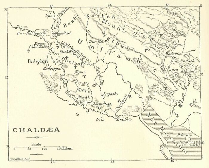 Antique map of Chaldea showing key exploration routes and ancient cities.