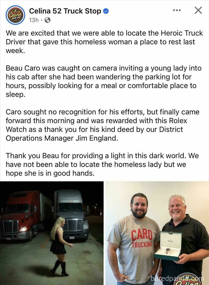 Truck driver awarded for helping homeless woman, receiving a Rolex watch as gratitude at Celina 52 Truck Stop.