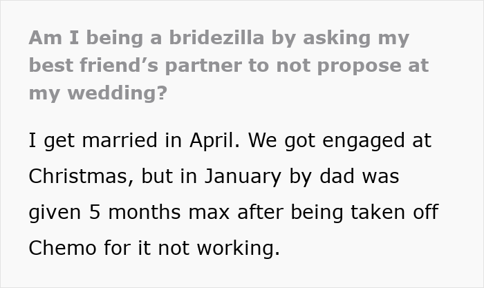 Text about a bride questioning if she's wrong for asking a friend not to propose at her wedding.