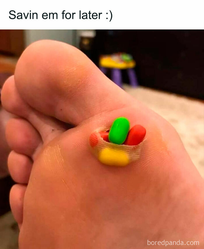 Toe with a small pocket holding colorful candy, a "photos you can't unsee" moment.