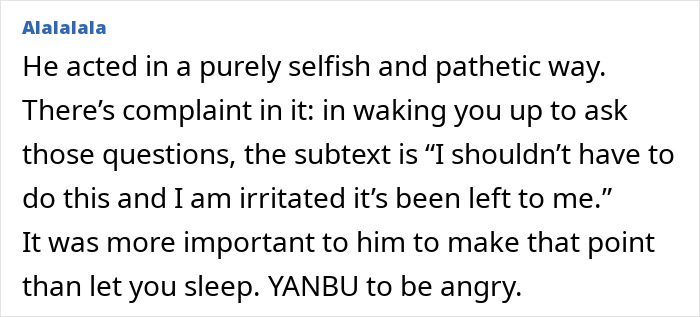 Text about a husband's selfish behavior, comments on waking up mom of 3 with questions.