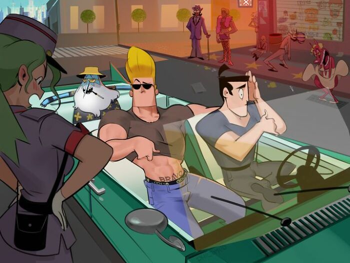 Characters from old cartoons in a car, exuding nostalgia on a city street, interacting with a policewoman.