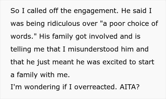 Text describing a situation where a woman calls off her engagement over a family job comment.