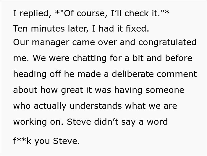 Text exchange about work issue being resolved, with a congratulatory comment highlighting work understanding; mentions Steve.