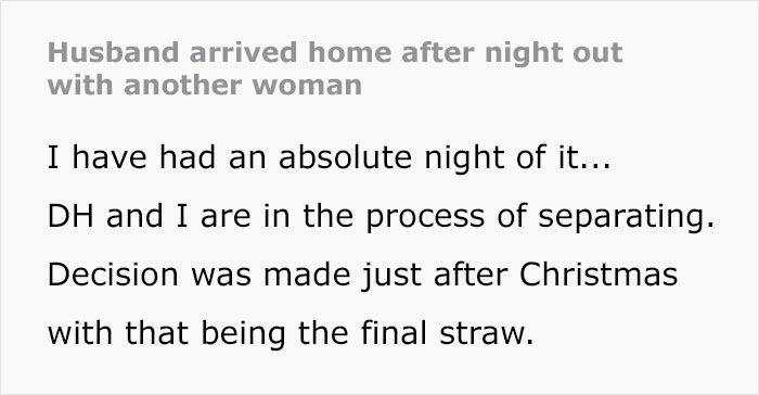 Text about a couple in the process of separating, with a husband bringing another woman home.