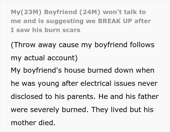 Text discussing relationship issues after seeing boyfriend's burn scars and suggestion to break up.