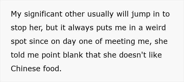 Text describing a tense situation about cooking preferences between MIL and Chinese DIL. Text describing a tense situation about cooking preferences between MIL and Chinese DIL.