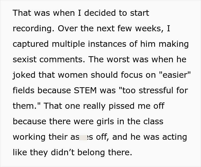 Text recounting the decision to secretly record professor's sexist remarks in class.