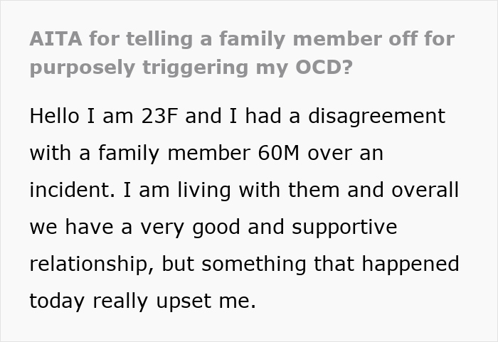 Text discussing a family disagreement involving an adult purposely triggering OCD.