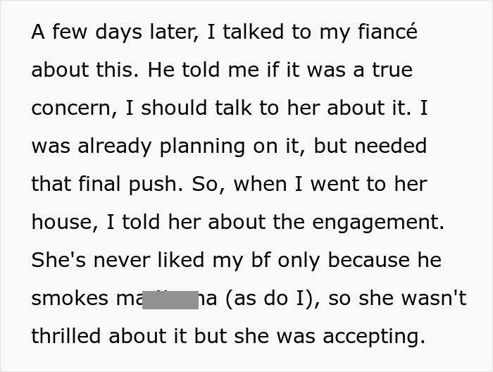 Text on wedding discussion, bride talks to fianc&eacute; about concern regarding grandmother wearing white.