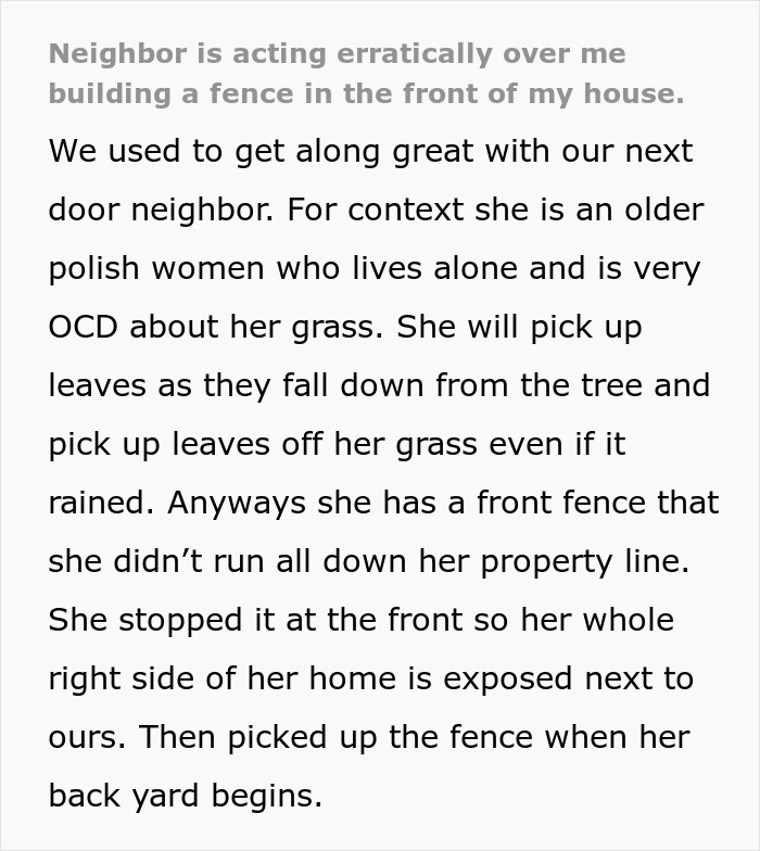 Text describing a woman's OCD behavior about her grass in response to neighbor's fence plan.