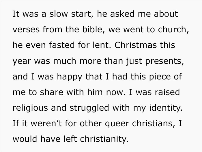 Text excerpt expressing struggle with religious identity and impact of church on gay marriage beliefs. Text excerpt expressing struggle with religious identity and impact of church on gay marriage beliefs.