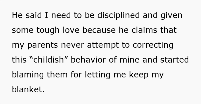 Text detailing a woman's emotional distress over losing her baby blanket, with emphasis on attachment issues.