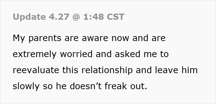 Text update on worried parents advising re-evaluation of an emotional attachment in a relationship.