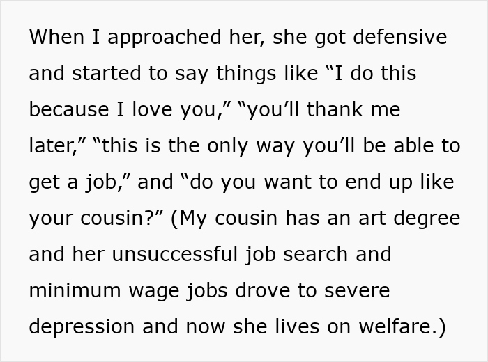 Text conversation about mom&rsquo;s defensive response and cousin&rsquo;s job struggles and depression.