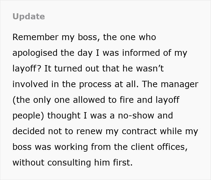 Text detailing a layoff misunderstanding involving a manager and employee.