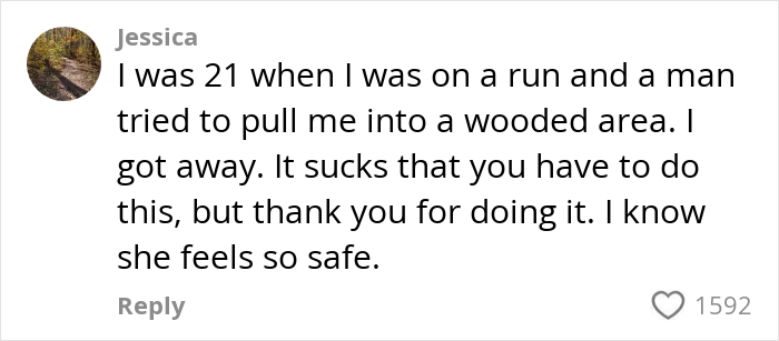 Comment appreciating mom's 5k run support for daughter's safety and highlighting important discussion with 1592 likes.