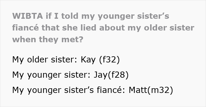Sister's handsome crush drama, text screenshot with names Kay, Jay, and Matt discussing lies about relationships.