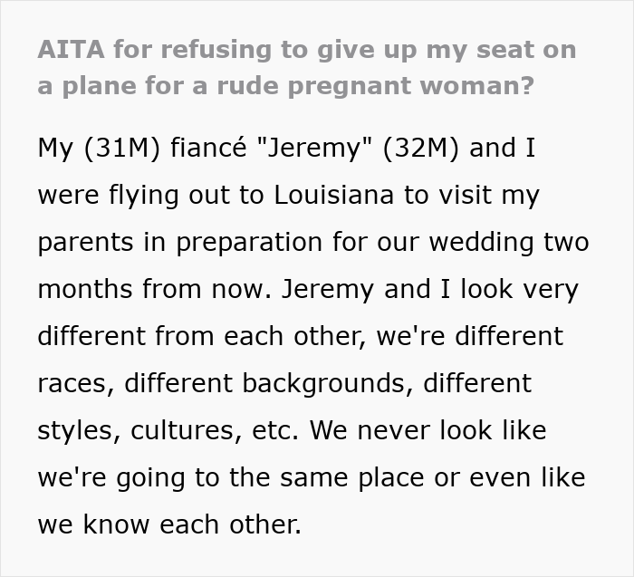 Text description discusses a flight scenario involving a decision about a plane seat and a rude pregnant woman. Text description discusses a flight scenario involving a decision about a plane seat and a rude pregnant woman.