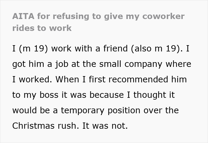 Text image discussing coworker rides to work dilemma, focusing on boundaries after repeated lateness.