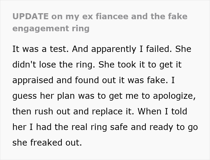 Text message about a fake engagement ring causing a breakup.