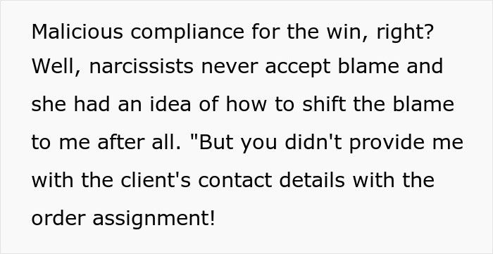 Text reading a story of malicious compliance with an egoistic boss shifting blame.