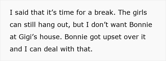 Text details a conflict over body-shaming comments and the parent's decision regarding friendship boundaries.