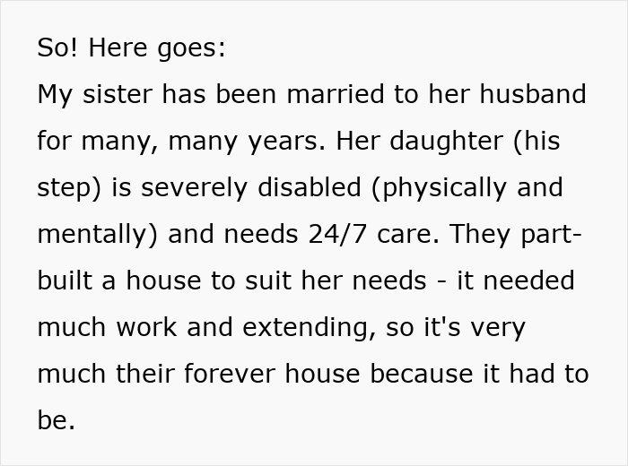 Text discussing sister's family, husband's role, and adapting their home for daughter's care needs.