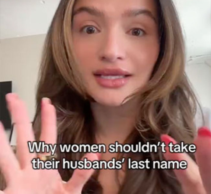 Woman discussing reasons not to take husband's last name, with subtitles explaining her viewpoint.