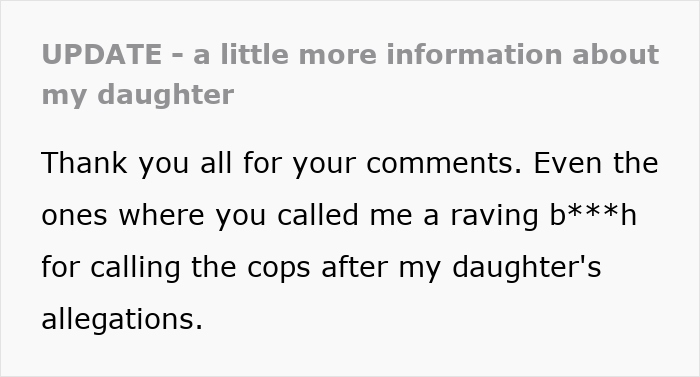 Text discussing a daughter's allegations and resulting police involvement regarding university funds and past behavior.