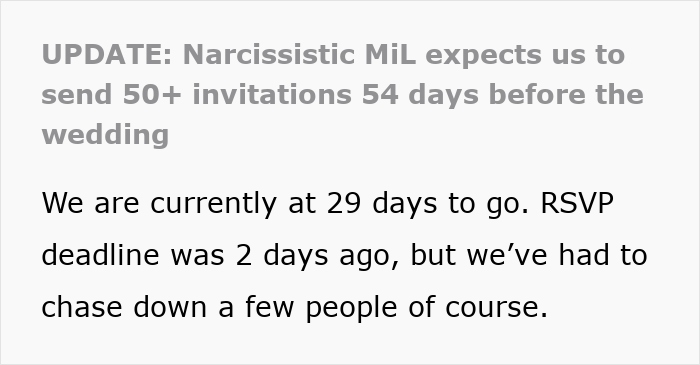 Text about MiL expectations for wedding invitations, mentioning a tight RSVP timeline.