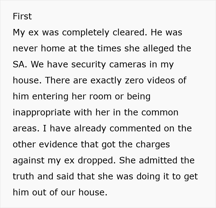 Text detailing a cleared ex-partner's allegations, mentioning security cameras and dropped charges.