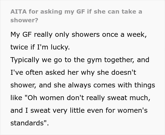 Text conversation about a woman who showers once a week after gym sessions. Text conversation about a woman who showers once a week after gym sessions.