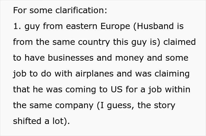 Text discussing a husband from Eastern Europe with business ties, airplanes, and a job opportunity in the US.