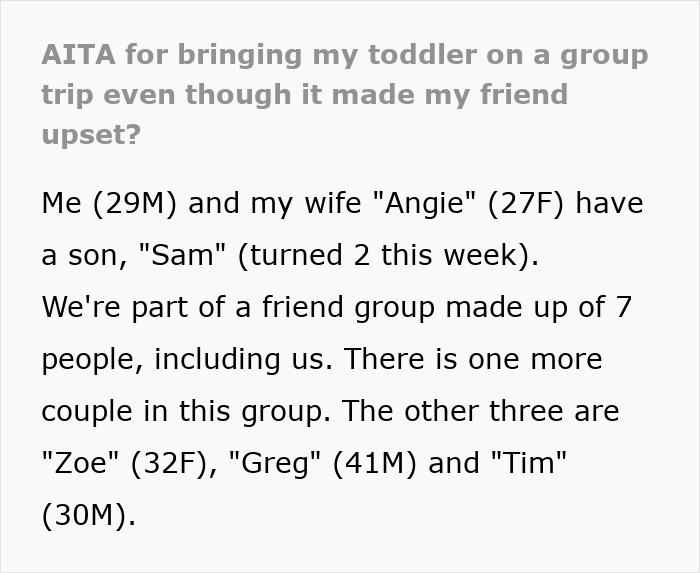 Text discussing a childfree friend upset on a holiday trip due to a toddler's presence. Text discussing a childfree friend upset on a holiday trip due to a toddler's presence.