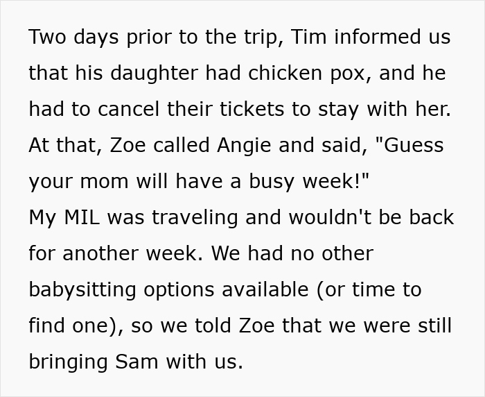 Text about a holiday plan change due to a child's illness, affecting a childfree friend. Text about a holiday plan change due to a child's illness, affecting a childfree friend.