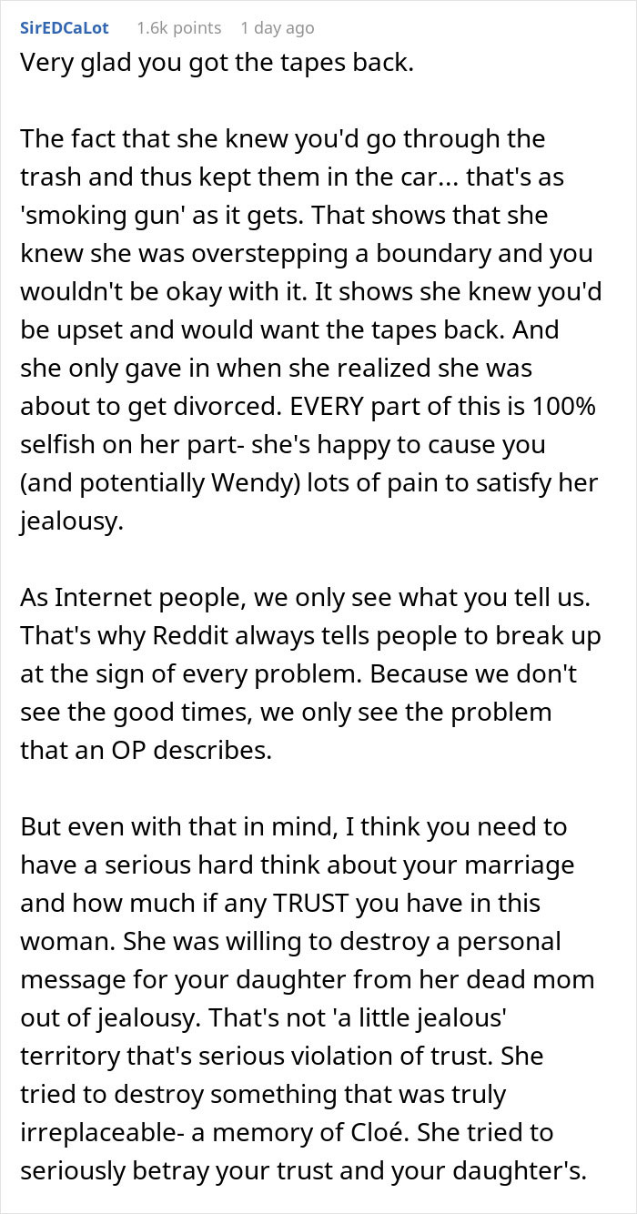 Text about a man retrieving tapes of his late wife, despite his new wife's objections.