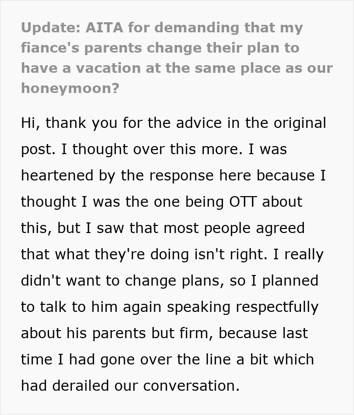 Text about bride-to-be's in-laws planning vacation at the honeymoon spot.