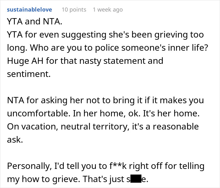 Reddit comment discussing boundaries over grieving a girlfriend's dog's ashes, with mixed judgments. Reddit comment discussing boundaries over grieving a girlfriend's dog's ashes, with mixed judgments.