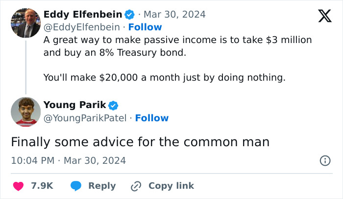 Twitter exchange with hilarious clever comeback about passive income advice.