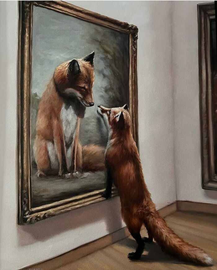 Anthropomorphic artwork of a fox admiring a painting of itself in a gallery setting.