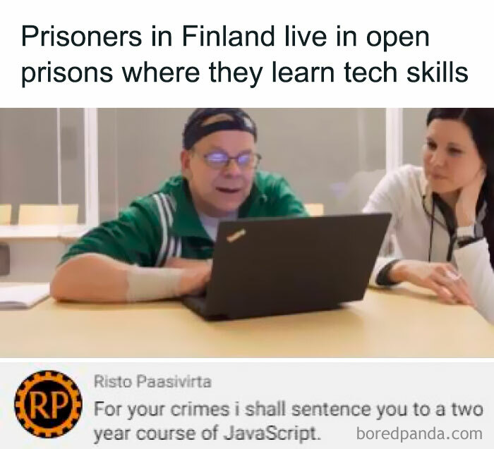 A humorous programming meme featuring two people working on a laptop in an open prison setting in Finland.