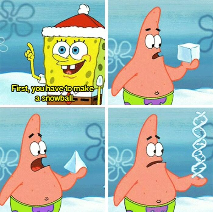 SpongeBob and Patrick from old cartoons making a snowball, using ice and confusion in the process.