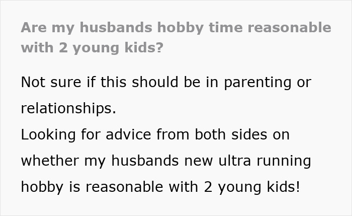 Text asking for advice on husband's running hobby's impact on parenting toddlers.